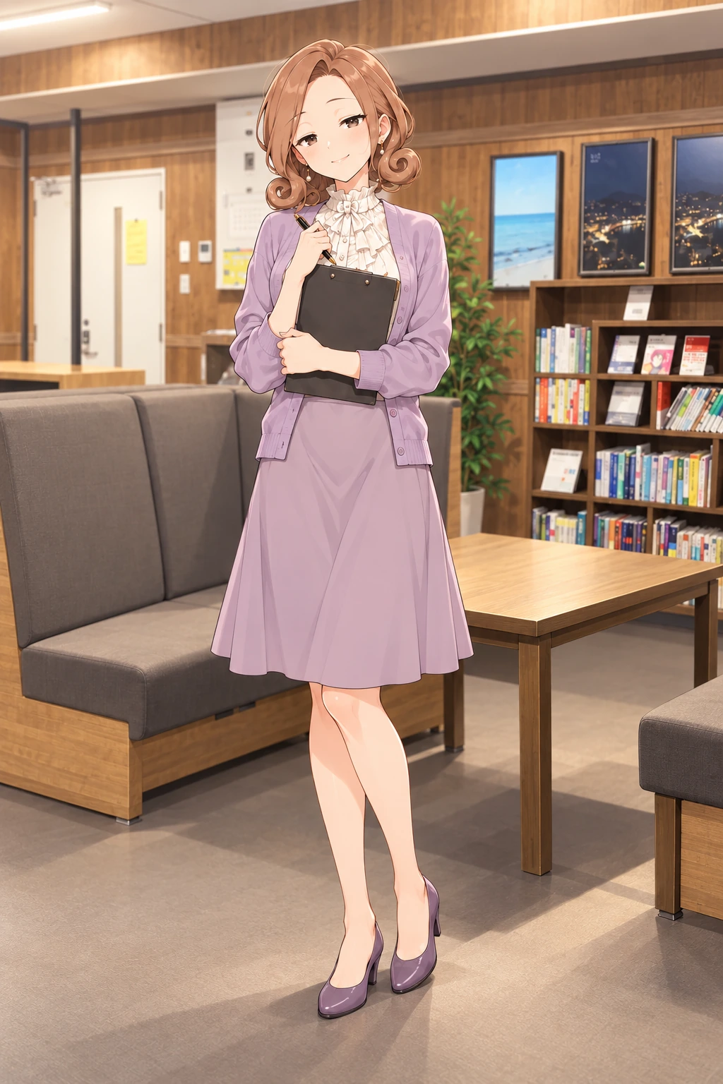 研究室モードの新城 奈々。茶色の髪と紫のカーディガン