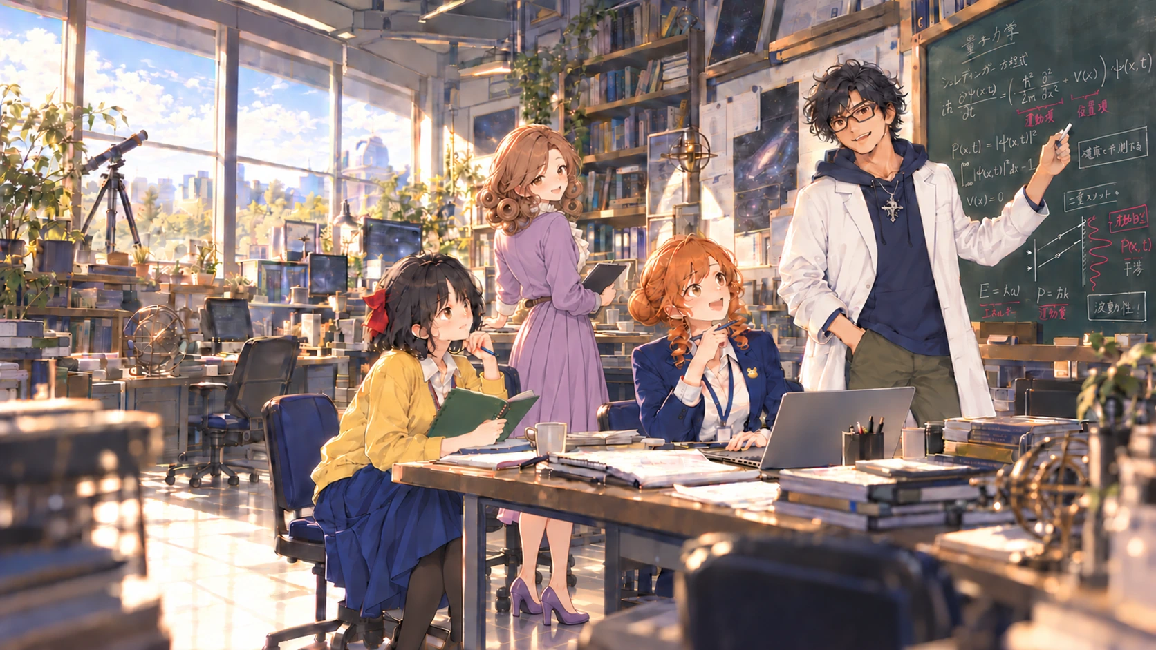 The Universeの研究室風景。白衣の大関真之、紺のスーツの沖野咲、紫のカーディガンの新城奈々、黄色のカーディガンの不知火優希が、黒板とノートPCを囲んで研究するイラスト