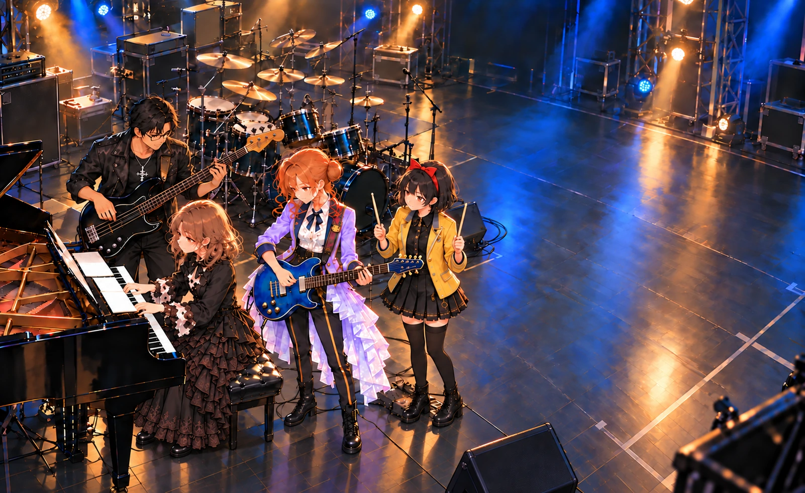 観客のいないステージで音合わせをするThe Universe。ベースの大関真之、ギターの沖野咲、ピアノの新城奈々、両手に一本ずつのスティックでリズムを取る不知火優希