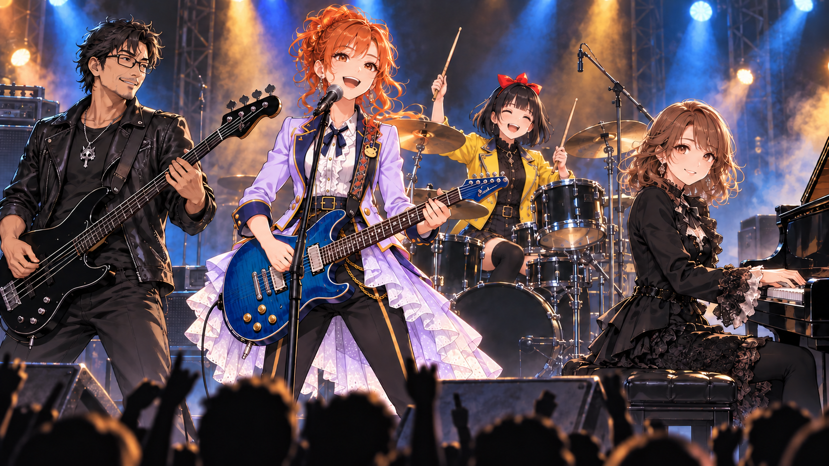 青と金色の照明のステージで演奏する The Universe の4人