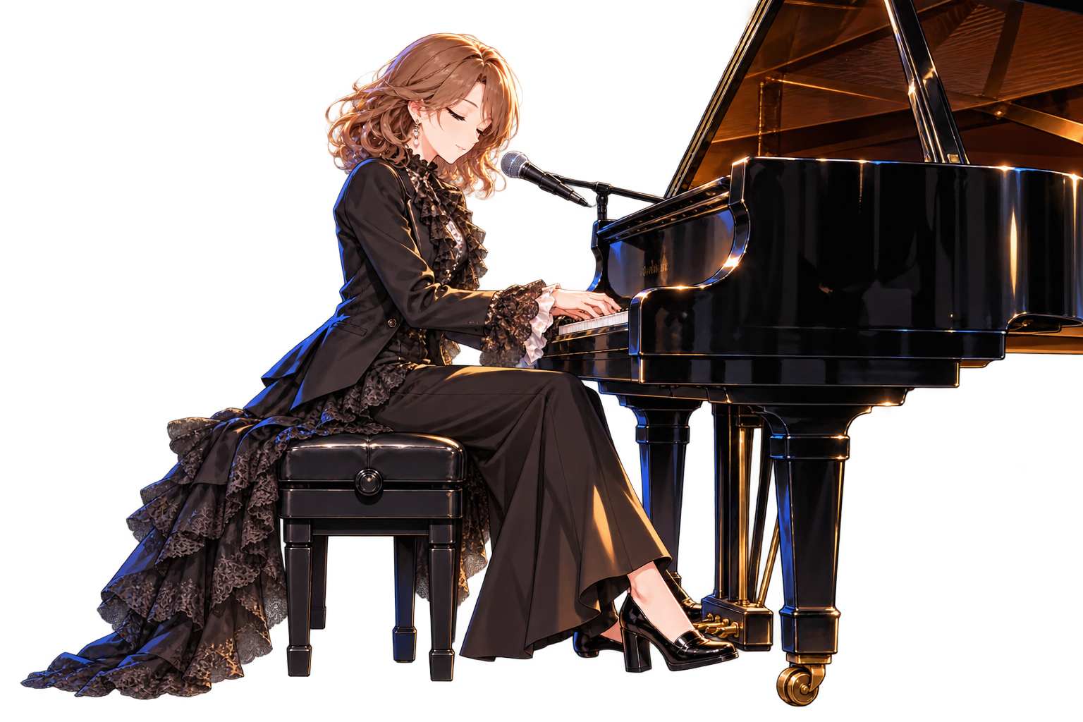 黒いフリルの衣装でグランドピアノを演奏する新城奈々