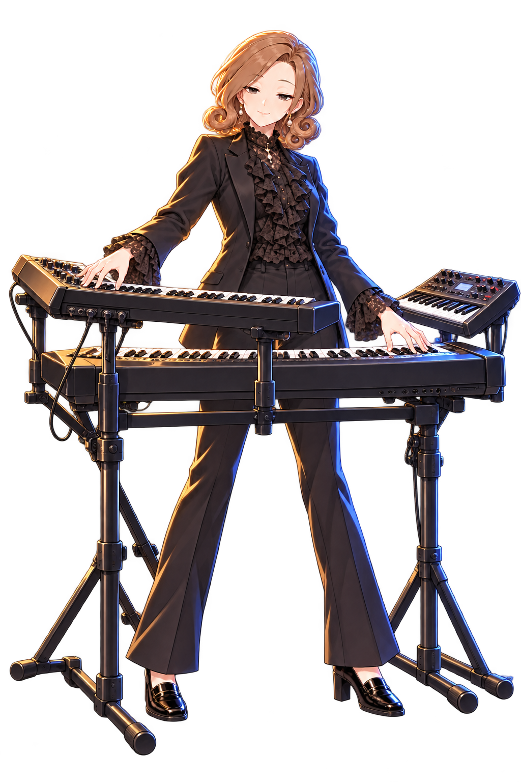 フリルの黒いステージ衣装で立ち、上下二段と周囲の複数のキーボードを演奏する新城奈々