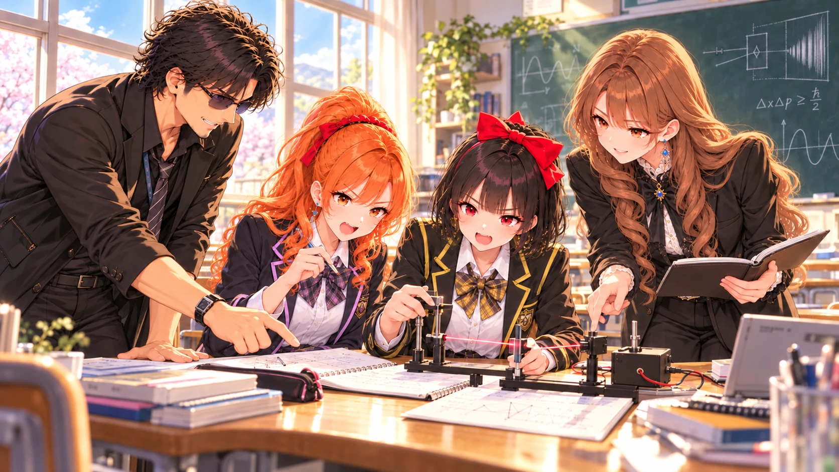 学園の教室で学びを分かち合う4人。担任の大関真之と新城奈々、高校生の沖野咲と不知火優希。